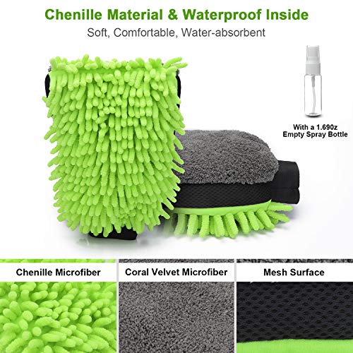 2PACK X XINDELL Waterproof Car Wash Mitt Extra Large Size Premium Chenille & Coral Velvet Wash Mitts Scratch-Free Microfiber Washing Mitten for Auto Exterior Interior Cleaning Care Accessories