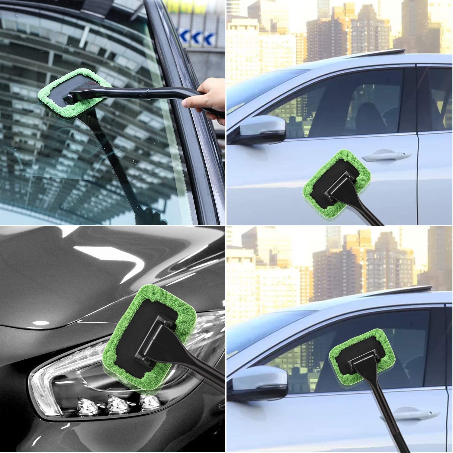 Teancll Windshield Cleaning Tool Car Window Cleaner Wipes Interior Exterior Cleaning Brush with Extendable Handle 180° Swiveled Triangular Head Microfiber Cloth and Spray Bottle 