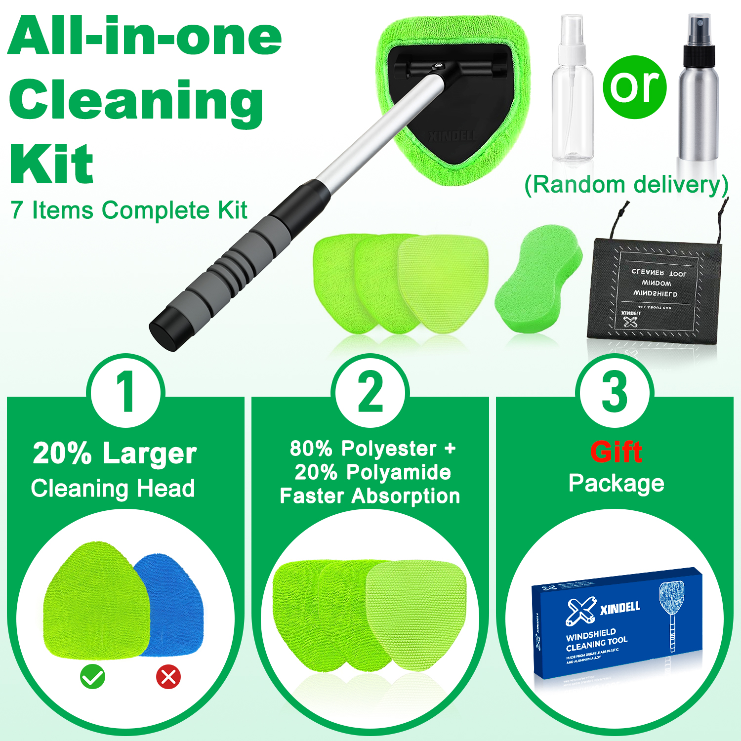 XINDELL Window Cleaning Kit with Extendable Handle & 4 Microfiber Pads -19inch - Image 2