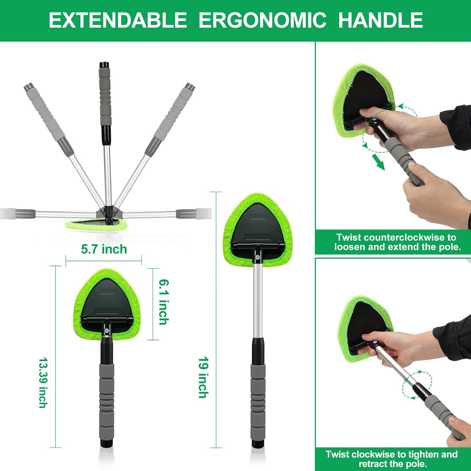 XINDELL Window Cleaning Kit with Extendable Handle & 4 Microfiber Pads -19inch - Image 3